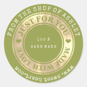 Handmade Logo Name Web Heart Love Greenery Gold Classic Round Sticker