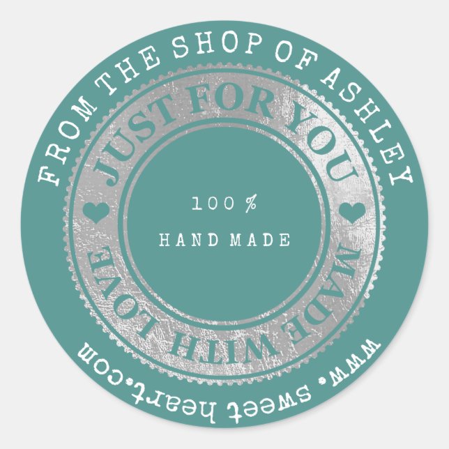 Handmade Logo Name Web Heart Love Rose Silver Teal Classic Round Sticker (Front)