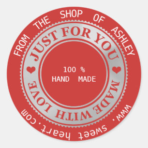 Handmade Logo Name Web Hearts Love Grey Red Classic Round Sticker
