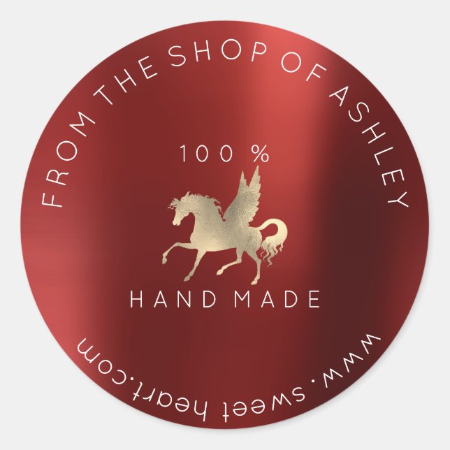 Handmade Logo Name Web Horse Burgundy Gold Classic Round Sticker (Front)