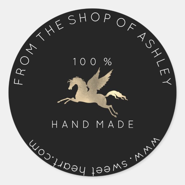 Handmade Logo Name Web Pegasus Horse Black Gold Classic Round Sticker (Front)
