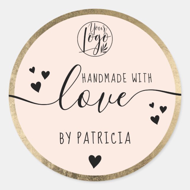 Handmade love script black logo hearts gold pink classic round sticker (Front)