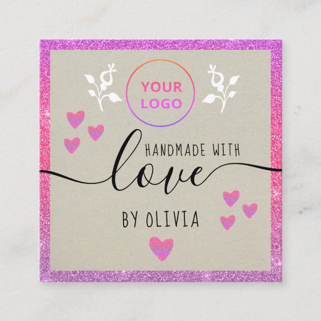 Handmade love typography Pink Glitter Ombre kraft  Square Business Card (Front)