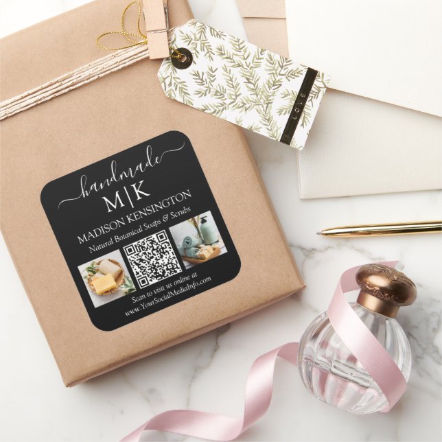 Handmade Monogram or Add Logo Business QR 2 Photo Square Sticker (Gifting)
