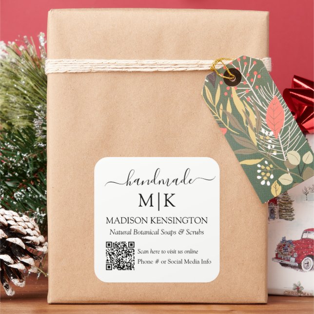 Handmade Monogram or Add Logo Business QR Code Square Sticker (Holiday)