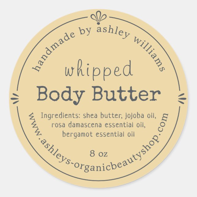 Handmade Organic Body Butter Label Sunlight Yellow (Front)