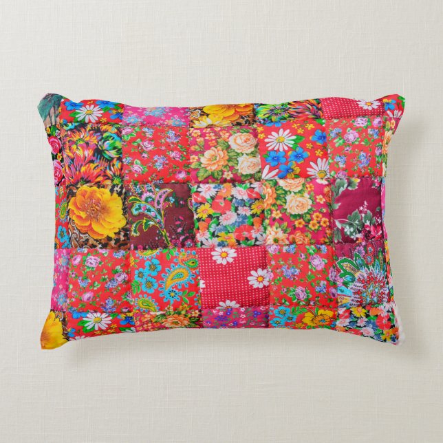 Handmade patchwork quilt with floral pattern as ba accent pillow (Front)