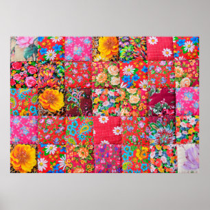 Handmade patchwork quilt with floral pattern as ba poster