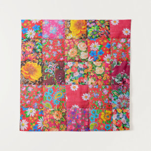 Handmade patchwork quilt with floral pattern as ba tapestry