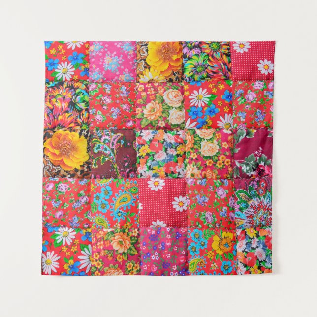 Handmade patchwork quilt with floral pattern as ba tapestry (Front)