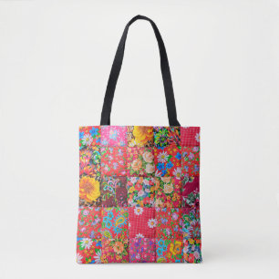Handmade patchwork quilt with floral pattern as ba tote bag