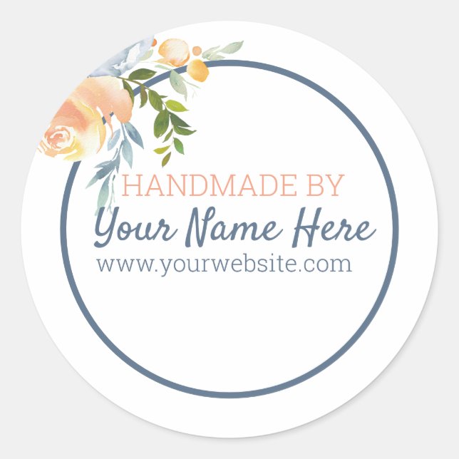 Handmade Product Blue and Peach Floral Classic Round Sticker (Front)