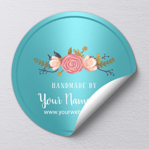 Handmade Product Floral Turquoise Business Classic Round Sticker