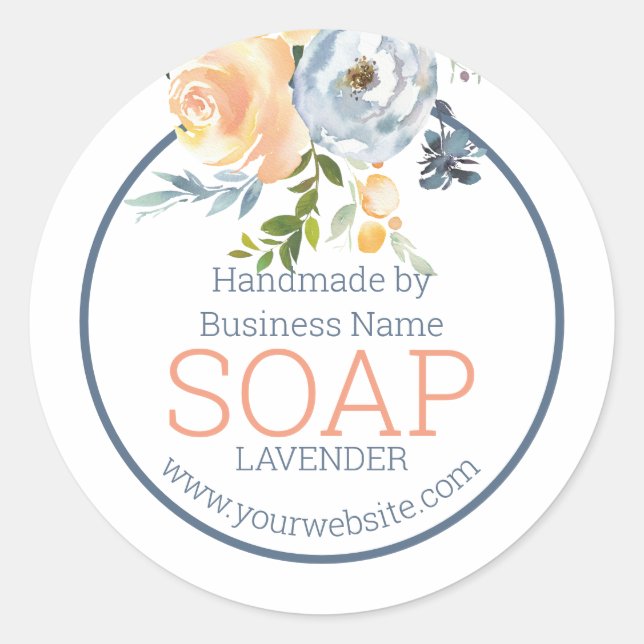Handmade Soap Blue and Peach Floral Classic Round Sticker (Front)
