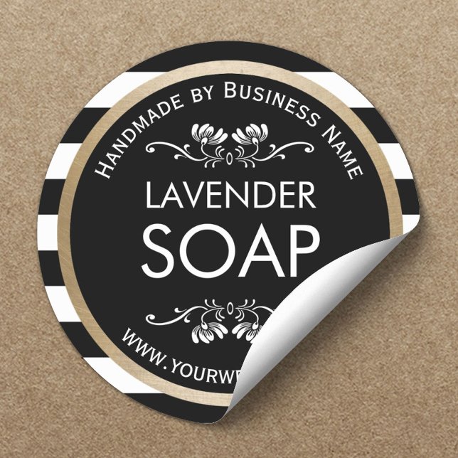 Handmade Soap Gold Border Modern Stripes Classic Round Sticker (Creator Uploaded)