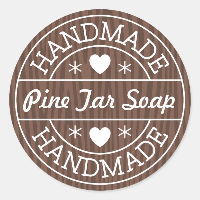 Handmade stamp on dark wood custom product name classic round sticker (Front)