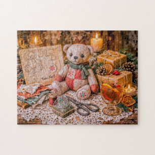 Handmade Teddy Bear with Christmas Gifts and Cozy Jigsaw Puzzle
