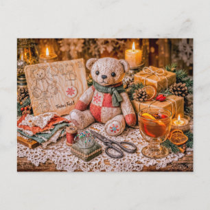 Handmade Teddy Bear with Christmas Gifts and Cozy  Postcard