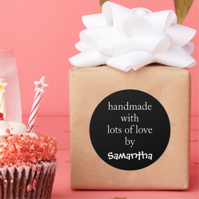 Handmade With Lots of Love by Name White Black Classic Round Sticker (Party)
