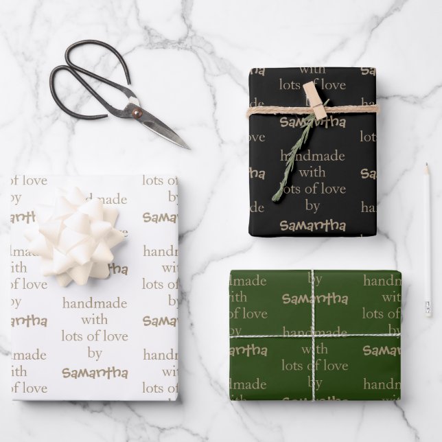 Handmade With Lots of Love Gold White Black Green Wrapping Paper Sheet (Front)