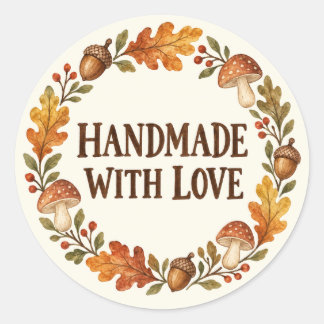 Handmade With Love Autumn Mushroom Wreath Classic Round Sticker