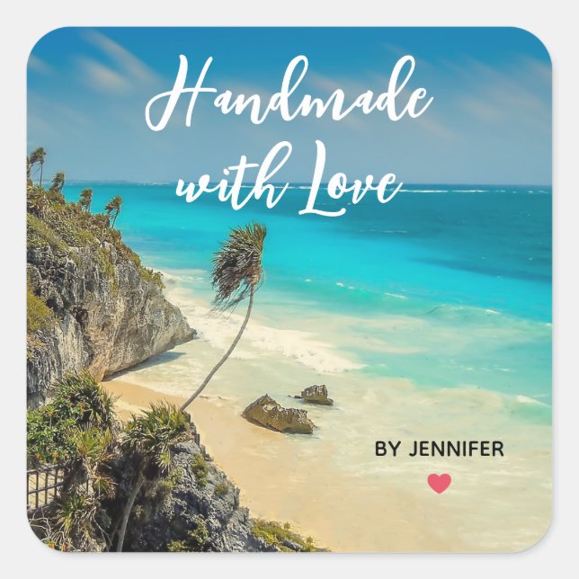 Handmade with Love Beautiful Tropical Beach Square Sticker (Front)