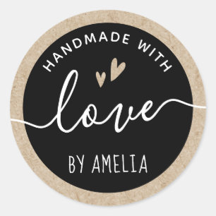 Handmade with love black and Kraft paper look Classic Round Sticker