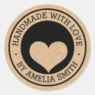 Handmade with love black and Kraft paper look Classic Round Sticker