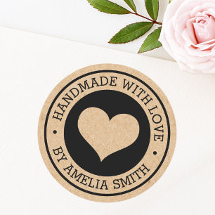 Handmade with love black and Kraft paper look Classic Round Sticker