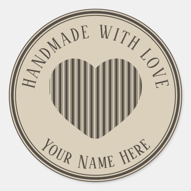 handmade with love black cream christmas stripes classic round sticker (Front)