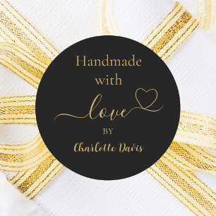 Handmade with love black gold name classic round sticker