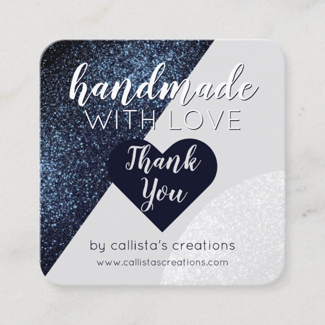Handmade With Love Black Grey Glitter Heart Square Business Card (Front)