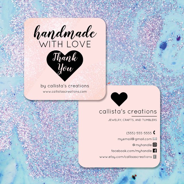 Handmade With Love Blush Pink Glitter Geo Heart Square Business Card (Creator Uploaded)