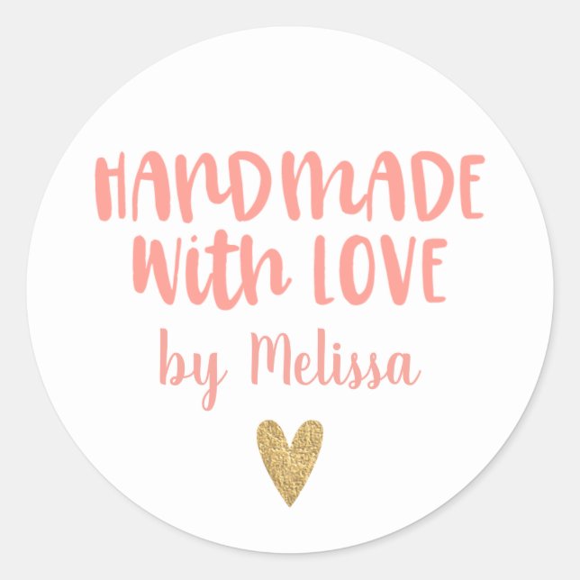 Handmade With Love Blush Pink Personalized Classic Round Sticker (Front)