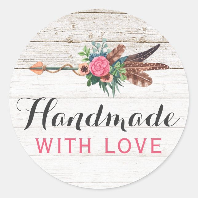 Handmade With Love Bohemian Feather Arrow Rustic Classic Round Sticker (Front)