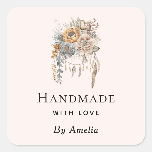 Handmade with Love Boho Flowers and a Dreamcatcher Square Sticker (Front)