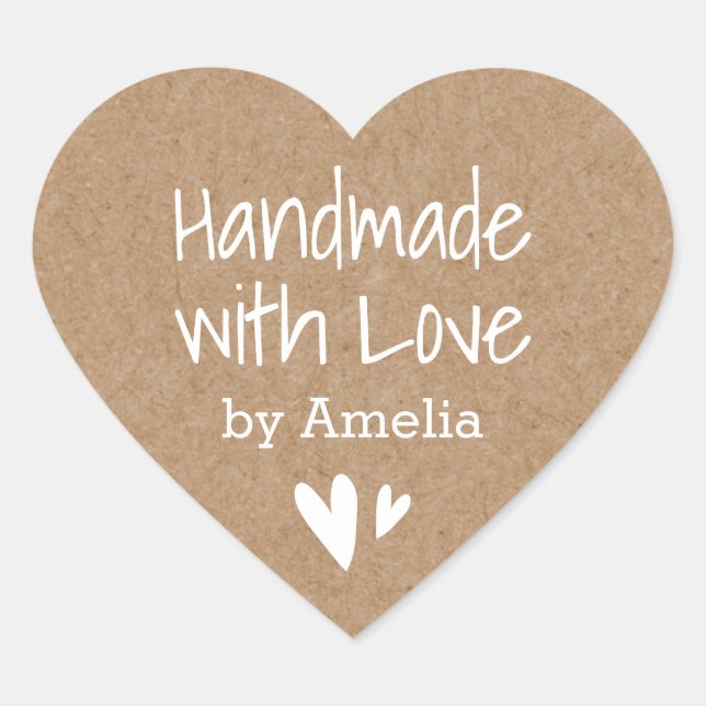 Handmade with love by custom name Kraft paper look Heart Sticker (Front)