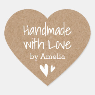 Handmade with love by custom name Kraft paper look Heart Sticker