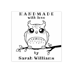 Handmade With Love By Custom Name Owl Rubber Stamp