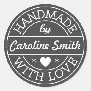 Handmade with love by personalized name, dark grey classic round sticker