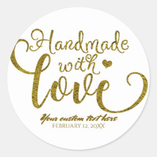 Handmade with Love Chic Gold Faux Foil Look Custom Classic Round Sticker