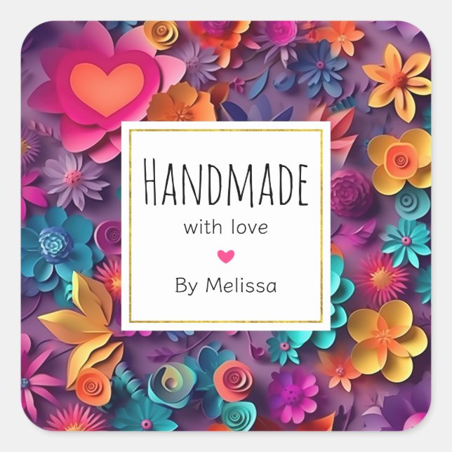 Handmade with Love Colourful Spring Flowers Patter Square Sticker (Front)