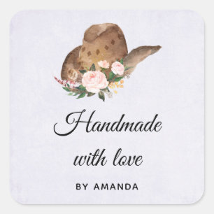 Handmade with Love Cowgirl Hat with Pink Flowers Square Sticker