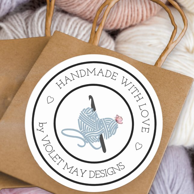 Handmade with Love Crochet Hook Heart Shaped Yarn  Classic Round Sticker (Custom labels for handmade crochet products and gifts)