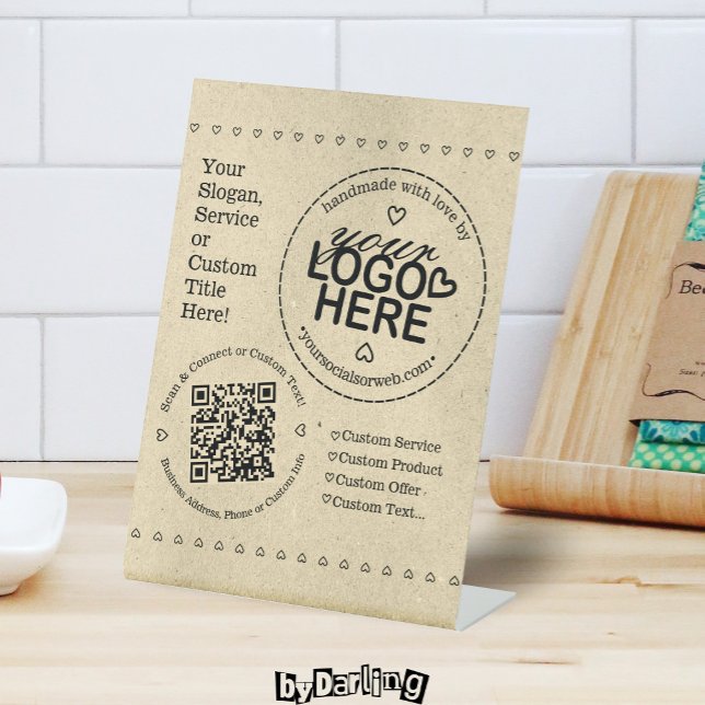 Handmade with Love Custom Logo QR Code Rustic Pedestal Sign (Rustic Pedestal Sign Handmade with Love Design Custom Logo QR Code & Text)