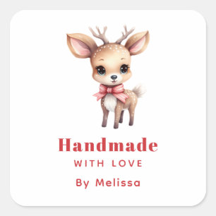 Handmade with Love Cute Baby Deer Cartoon Image Square Sticker