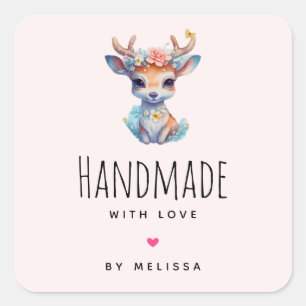 Handmade with Love Cute Baby Deer Illustration Square Sticker