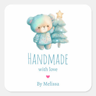 Handmade with Love Cute Bear and Christmas Tree Square Sticker