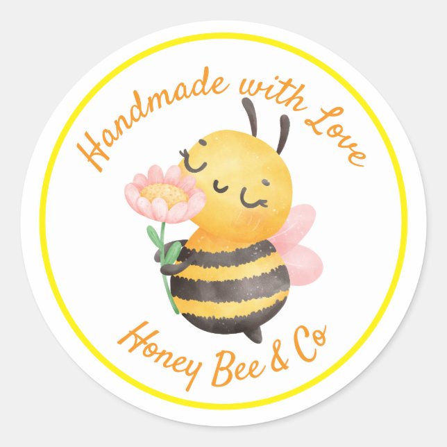 Handmade with Love. Cute Bee Personalized Classic Round Sticker (Front)