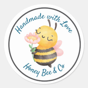 Handmade with Love. Cute Bee Personalized Classic Round Sticker